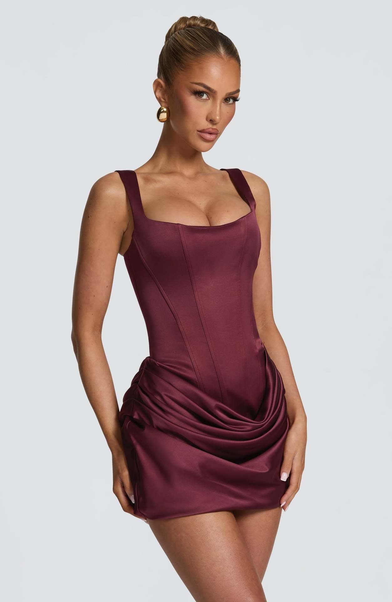 Square Neck Sleeveless High Waist Tie Belt Slim Fit Elegant 3D Pleated Bodycon Short Dress