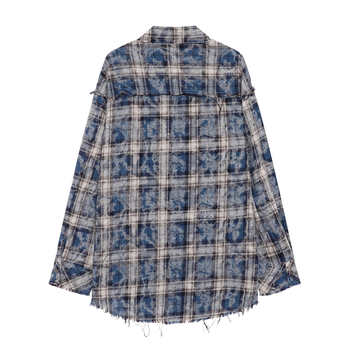 Retro Street Plaid Tie-Dye Long Sleeve Shirt Men Oversize Loose Design Fringe Raw Edge Shirt