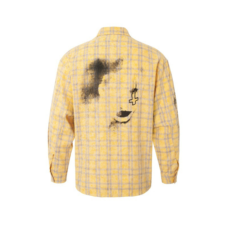 Spray painted graffiti checkered long sleeved shirt for men and women loose fitting shirt