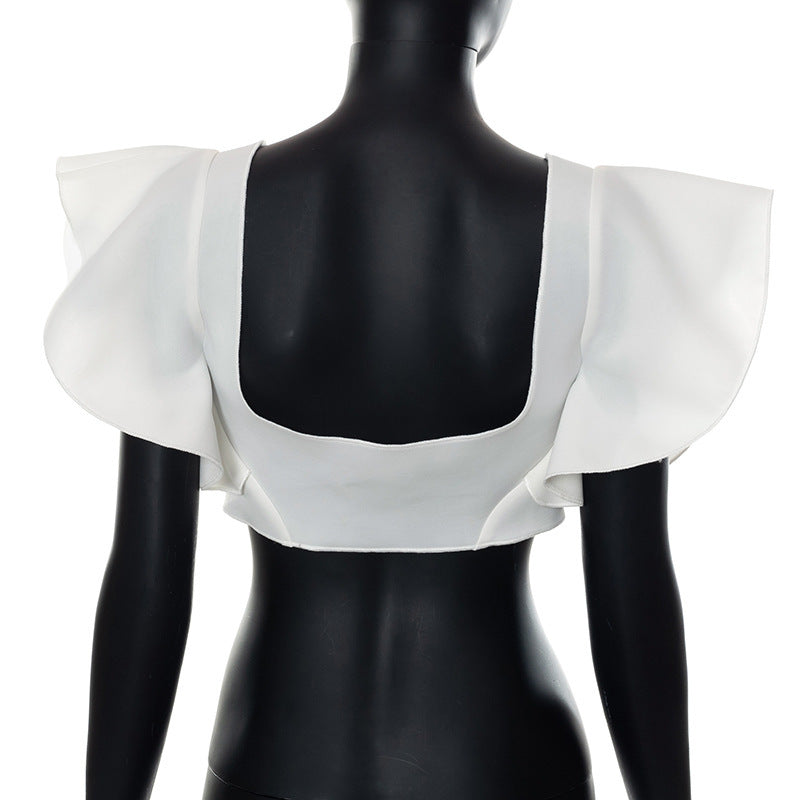 Square collar chest wrapped black fungus edge air layer white top