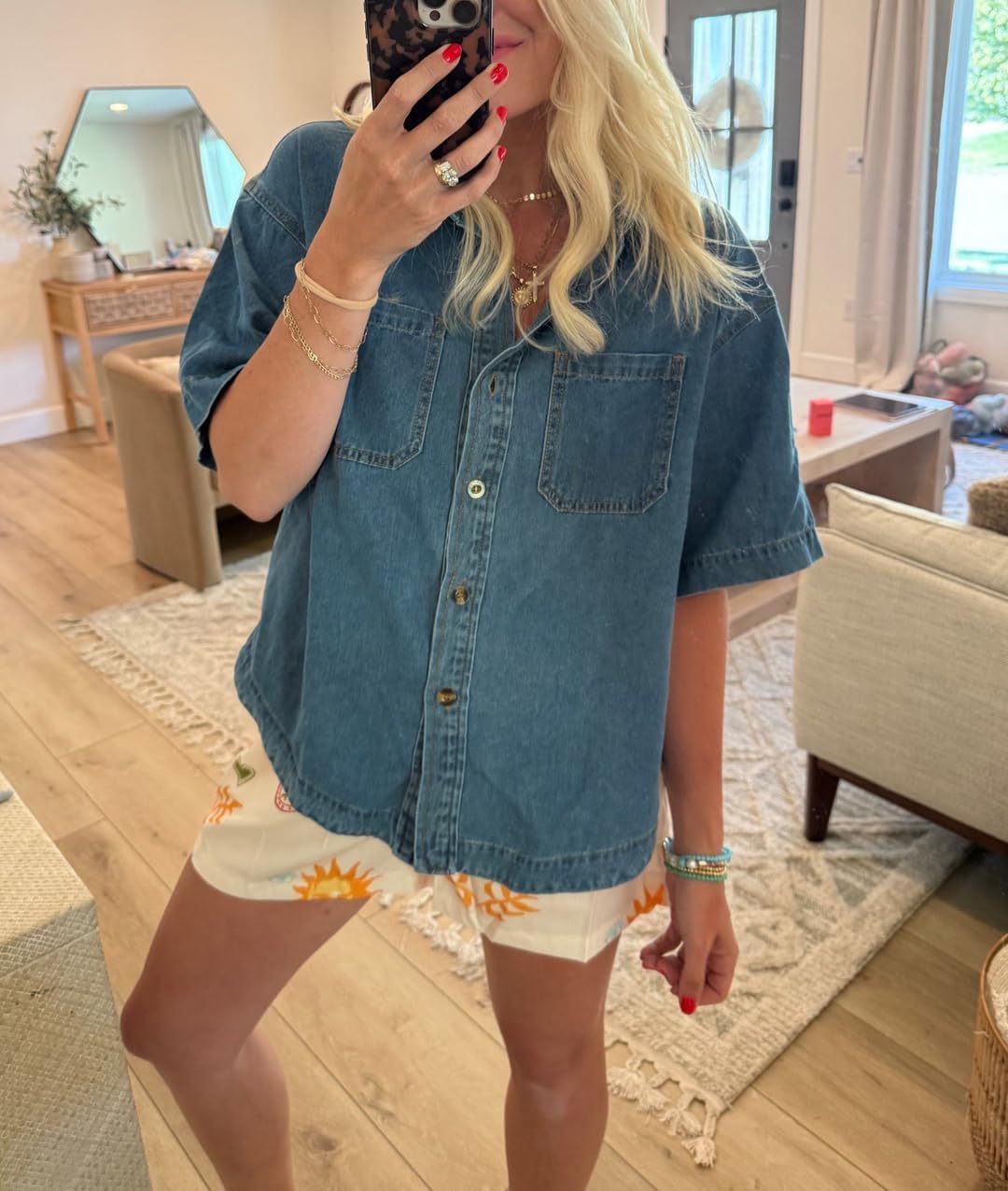 Kedera Women's Denim Shirt Casual Button Down Short Sleeve Jean Shirts Casual Top Outfits Trendy