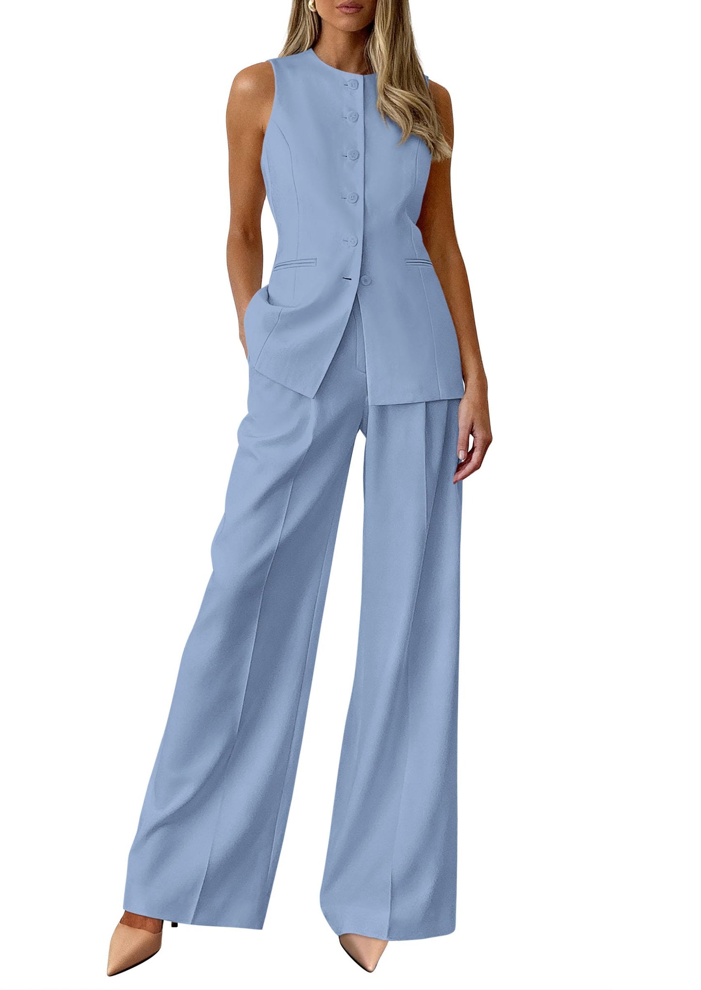 PRETTYGARDEN Women's 2 Piece Sets Business Casual Outfits | Sleeveless Vest Tops, Wide Leg Pants, Pantsuits with Pockets, Button-Front, Work Office Wear, Matching Sets Women Clothing