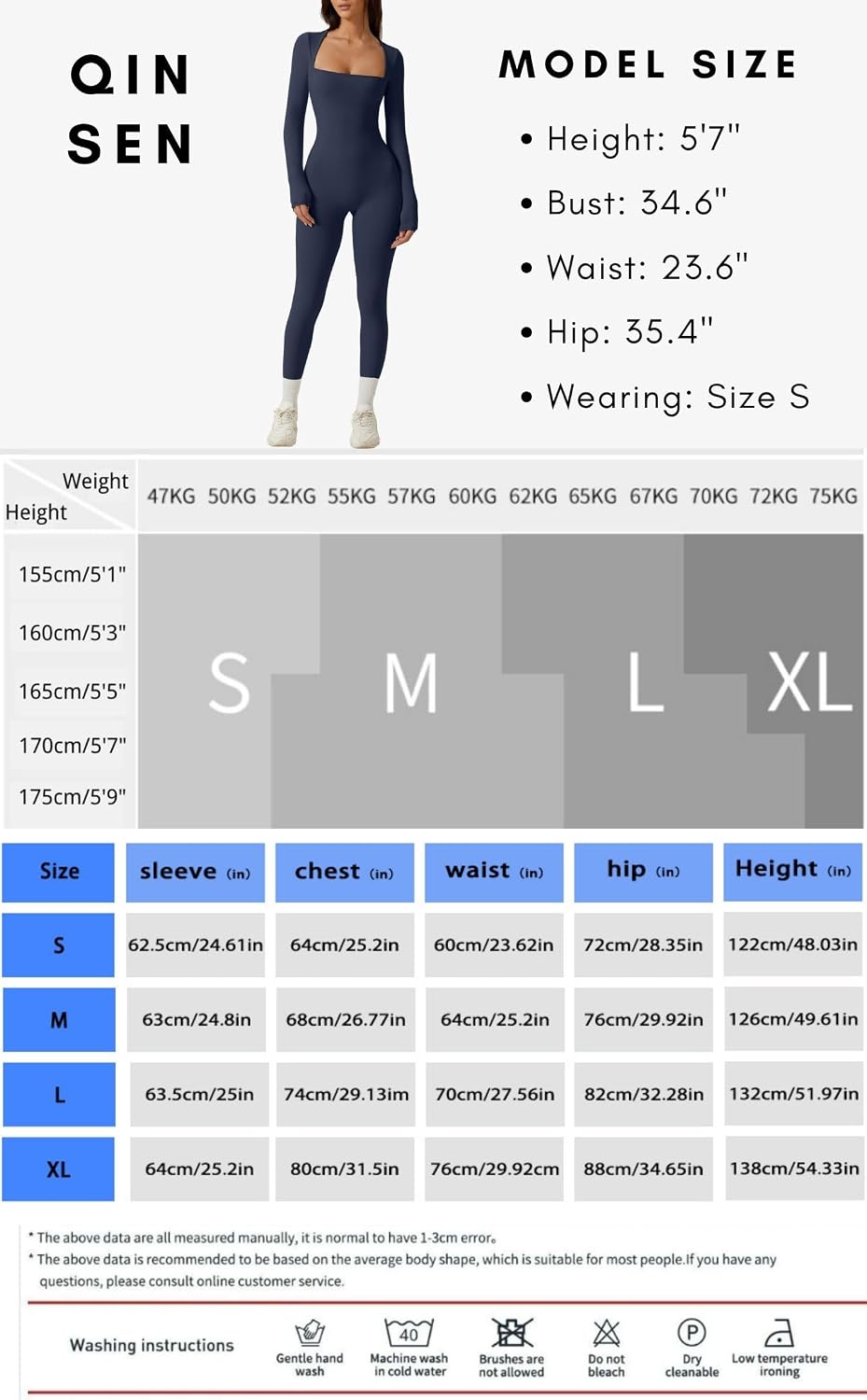 QINSEN Womens Sexy Square Neck Long Sleeve Full Length Leggings Bodycon Stretch Jumpsuit