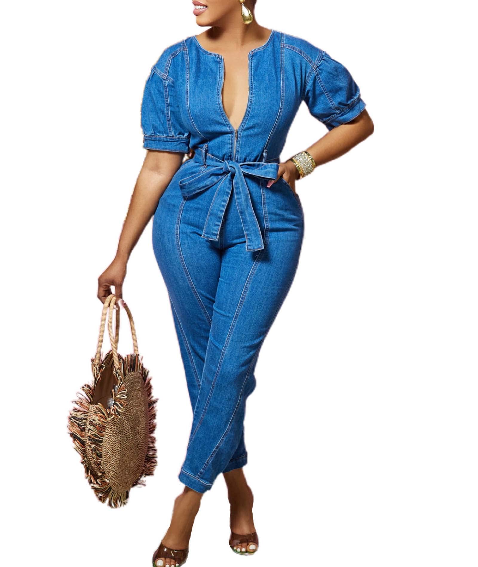 Sexyshine Women's Sexy Button Down Slim Fit Denim Long Jumpsuit Playsuit Lapel Full length Jeans Rompers Overalls