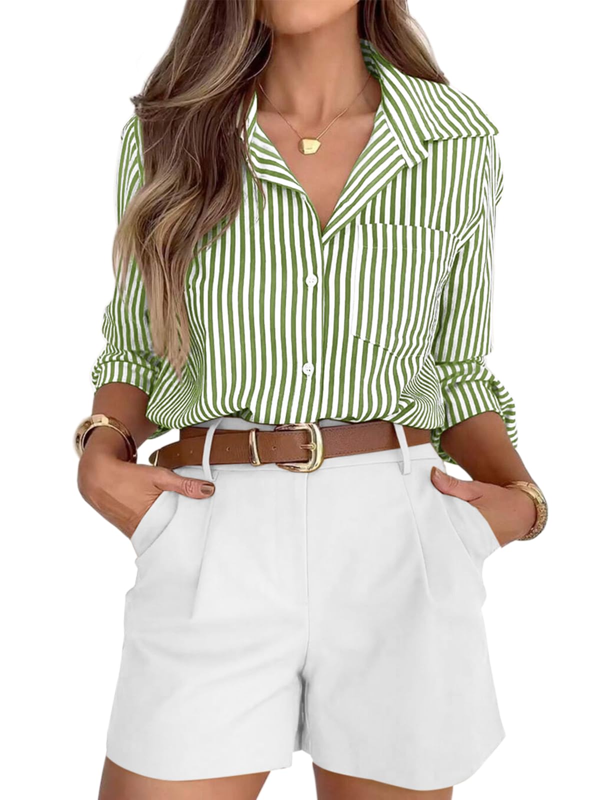 siliteelon Striped Button Down Shirts for Women Work Collared Dress Shirt