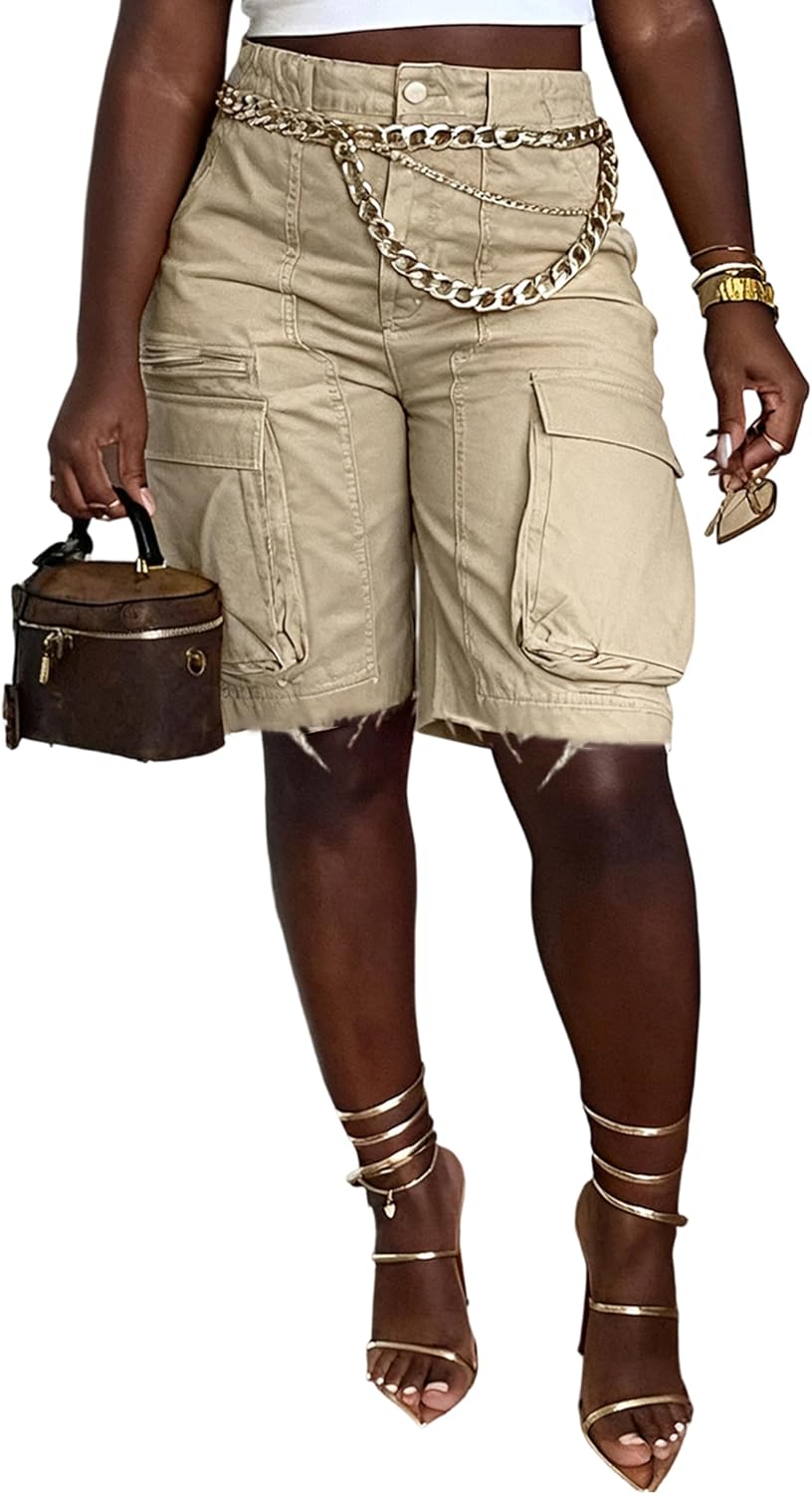 Denim Shorts Women High Waisted Summer Bermuda Stretchy Cargo Jean Casual Baggy Raw Hem Jorts with Pockets for Women