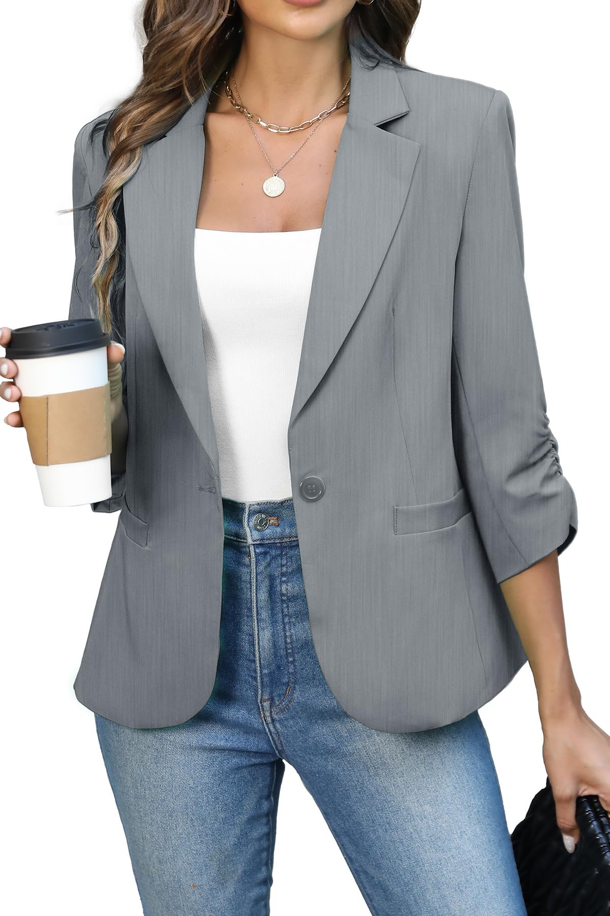 ELLEVEN Women's Ruched 3/4 Sleeve Blazer, Lightweight Fitted Jacket
