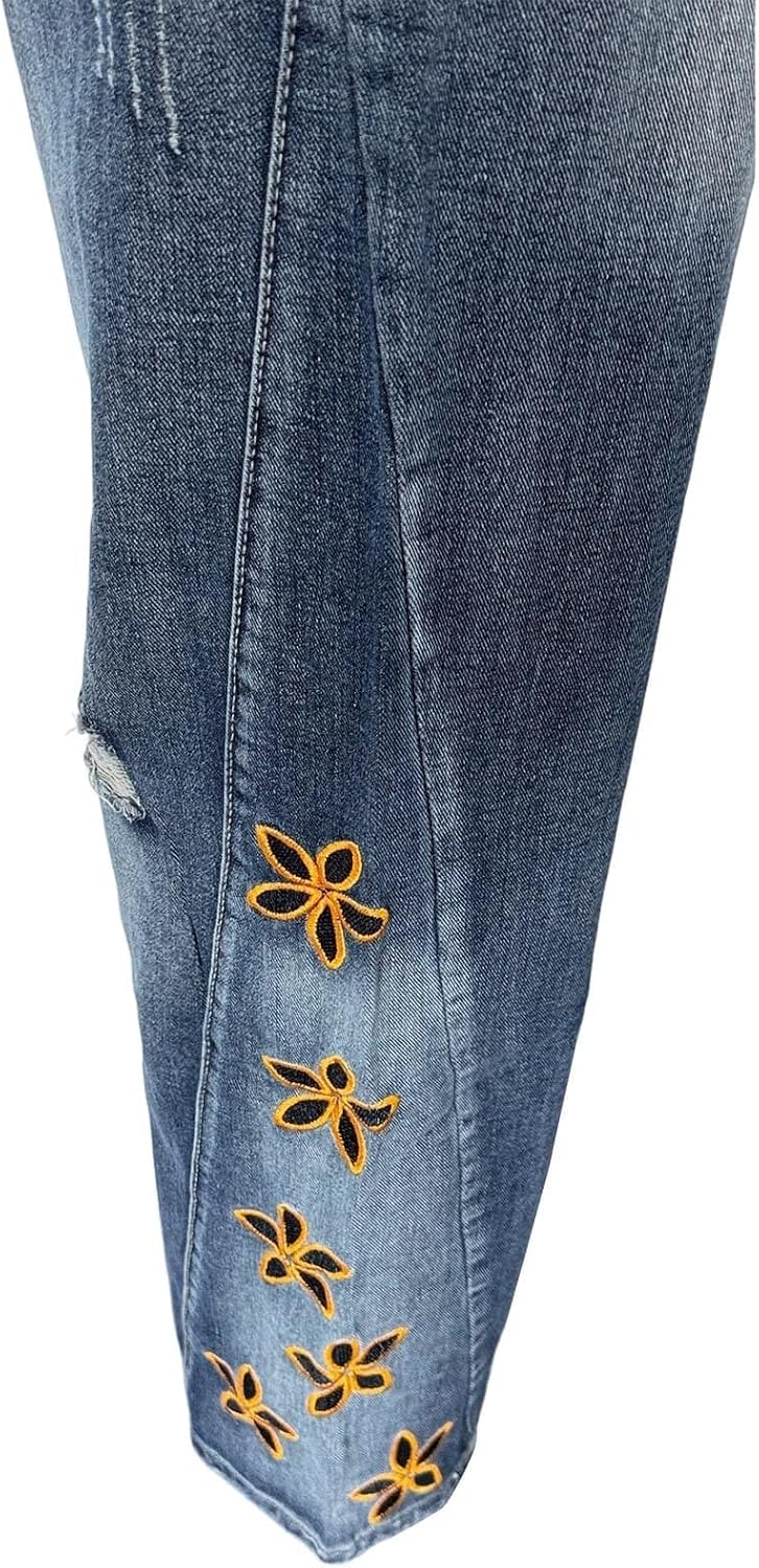 Womens Floral Embroidered Wide Leg Jeans Loose Baggy Casual Pants | Light Wash Jeans Women High Waist Straight Leg For Butt Lifting Leggings Petite Jeggings With Pockets Women'S Pants Leopard