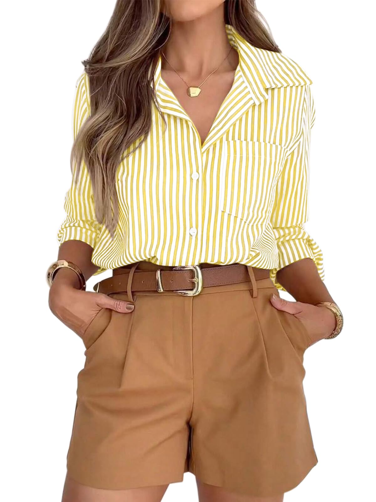 siliteelon Striped Button Down Shirts for Women Work Collared Dress Shirt