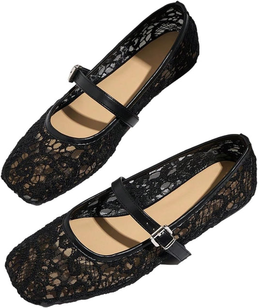 MakeMeChic Women's Lace Mesh Ballet Flats Comfortable Dressy Shoes
