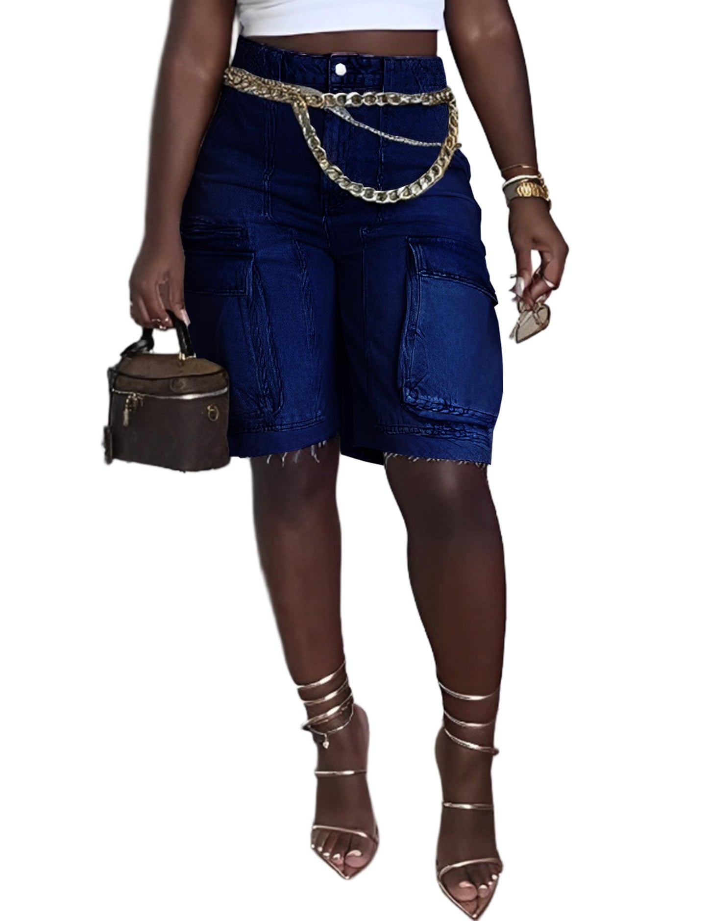 Denim Shorts Women High Waisted Summer Bermuda Stretchy Cargo Jean Casual Baggy Raw Hem Jorts with Pockets for Women