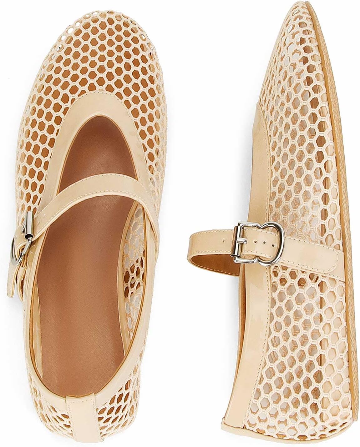 MICIFA Women's Mesh Ballet Flats Fishnet Ballerina Flats Buckle Strap Mary Jane Causal Daily Dress Shoes