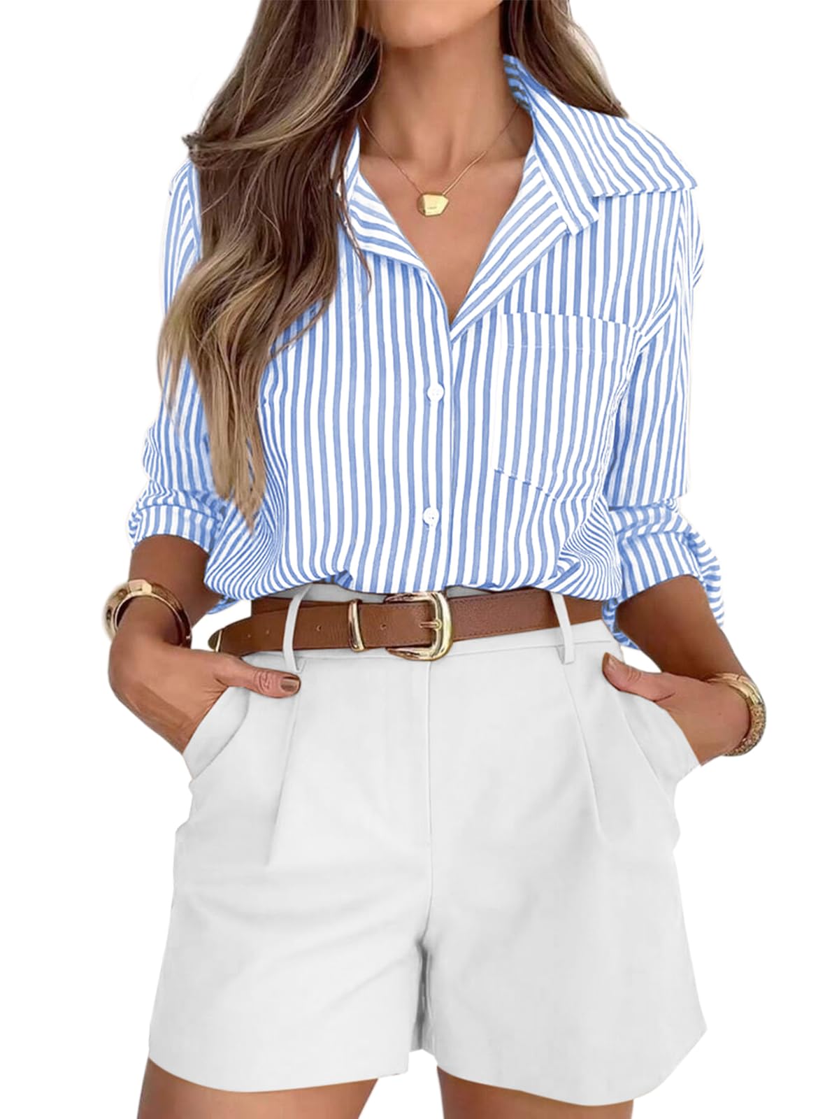 siliteelon Striped Button Down Shirts for Women Work Collared Dress Shirt