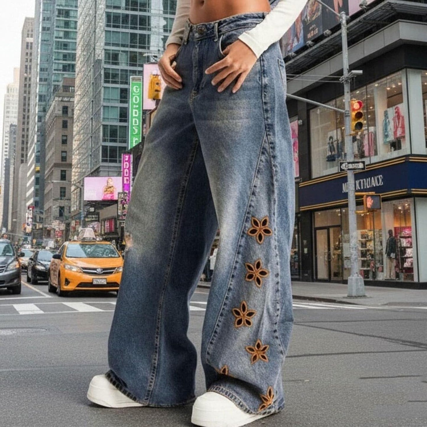 Womens Floral Embroidered Wide Leg Jeans Loose Baggy Casual Pants | Light Wash Jeans Women High Waist Straight Leg For Butt Lifting Leggings Petite Jeggings With Pockets Women'S Pants Leopard