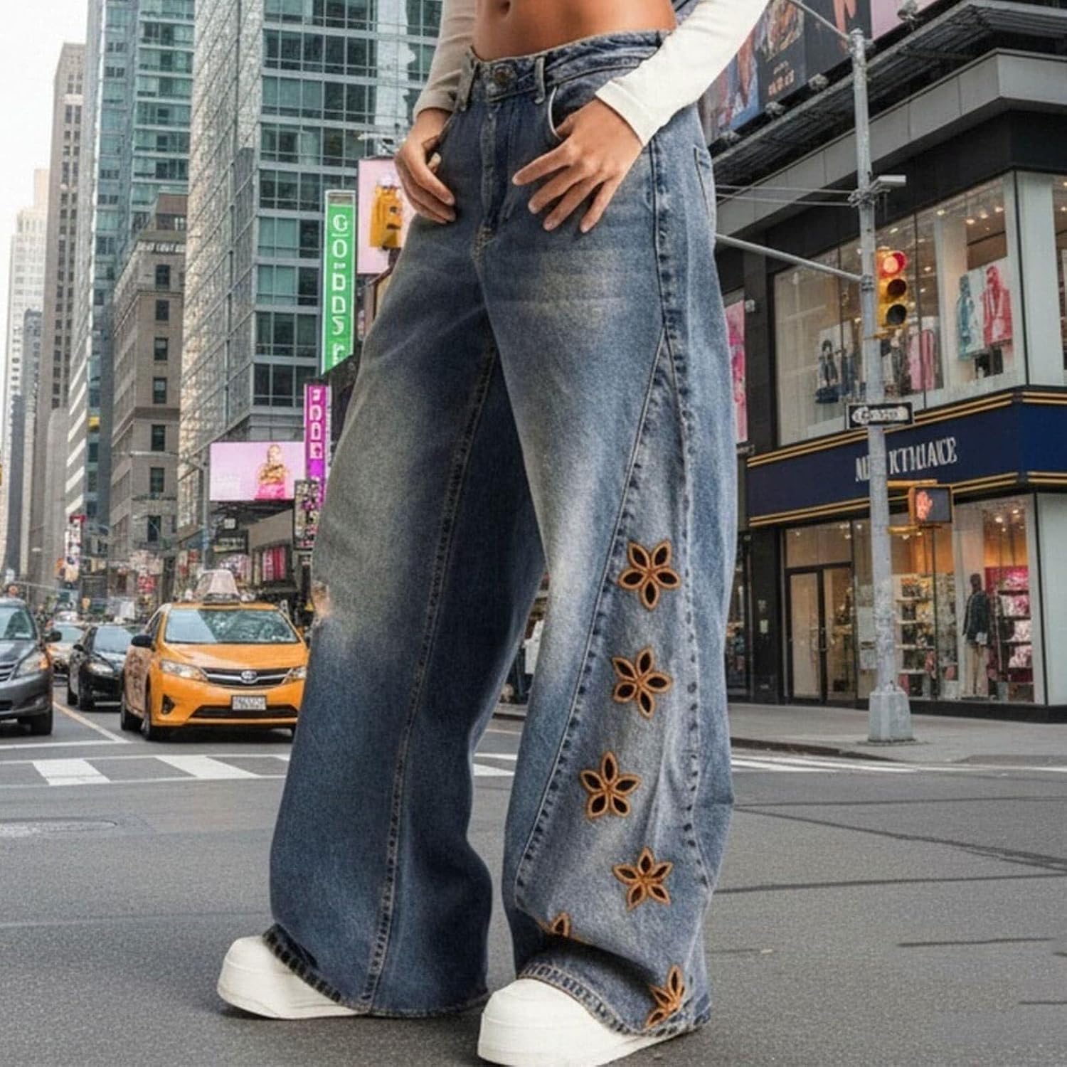 Womens Floral Embroidered Wide Leg Jeans Loose Baggy Casual Pants | Light Wash Jeans Women High Waist Straight Leg For Butt Lifting Leggings Petite Jeggings With Pockets Women'S Pants Leopard