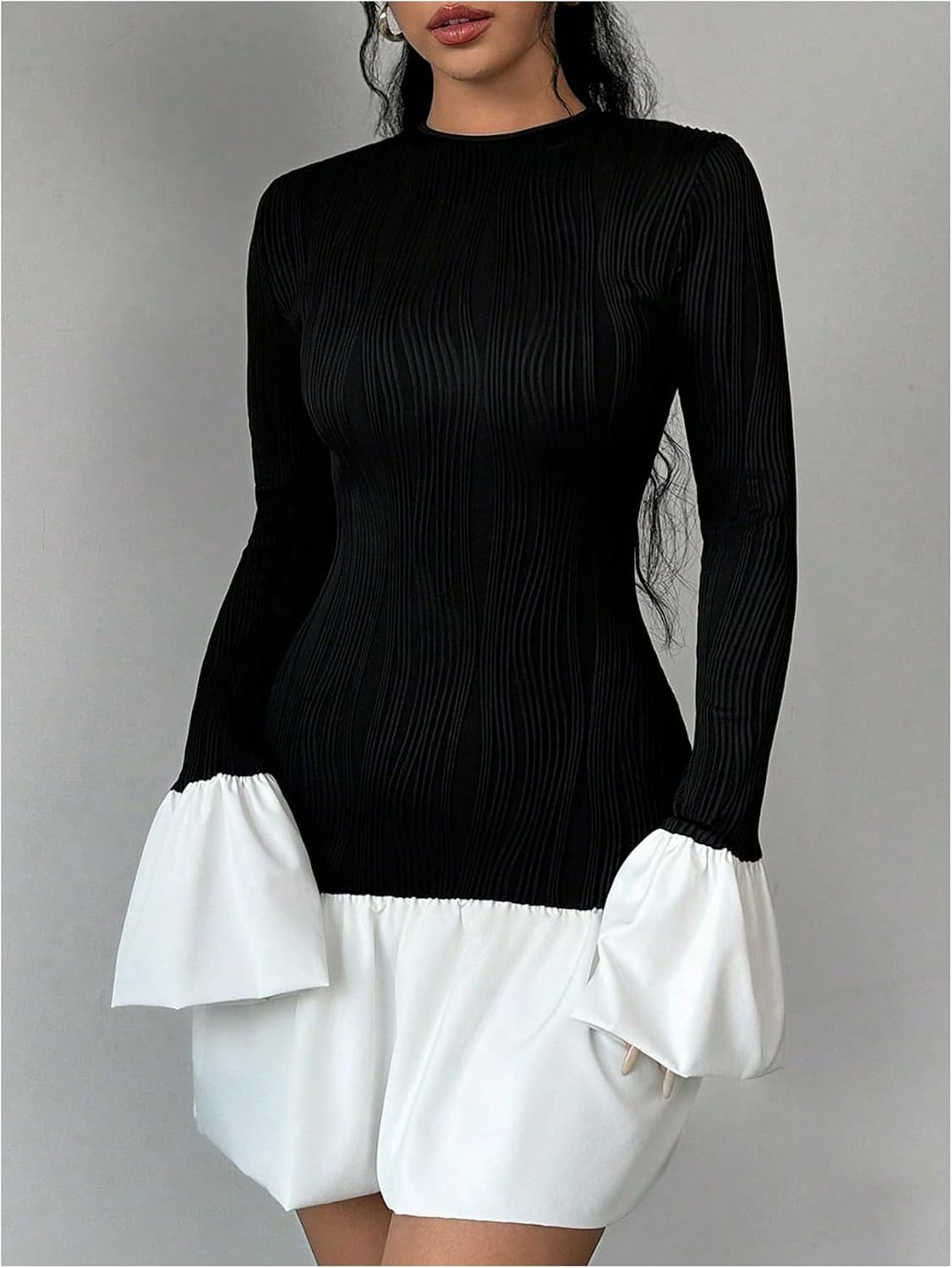 GORGLITTER Women's Long Sleeve Bubble Dress Fall Trendy Color Block Cocktail Birthday Dinner Going Out Mini Dresses