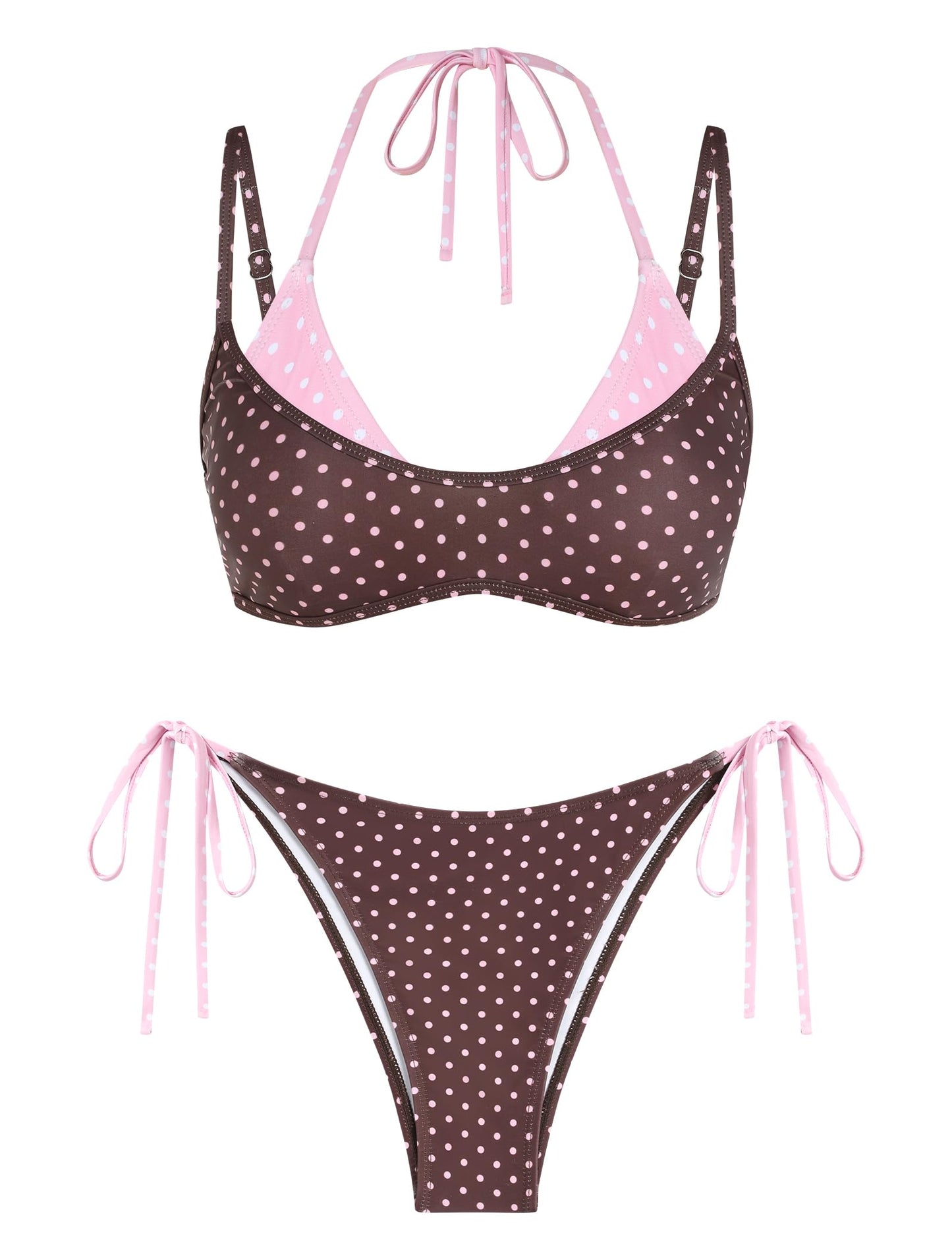 ZAFUL Women's Polka Dots Bikini Set Double Layer Halter 2 Piece Swimsuit