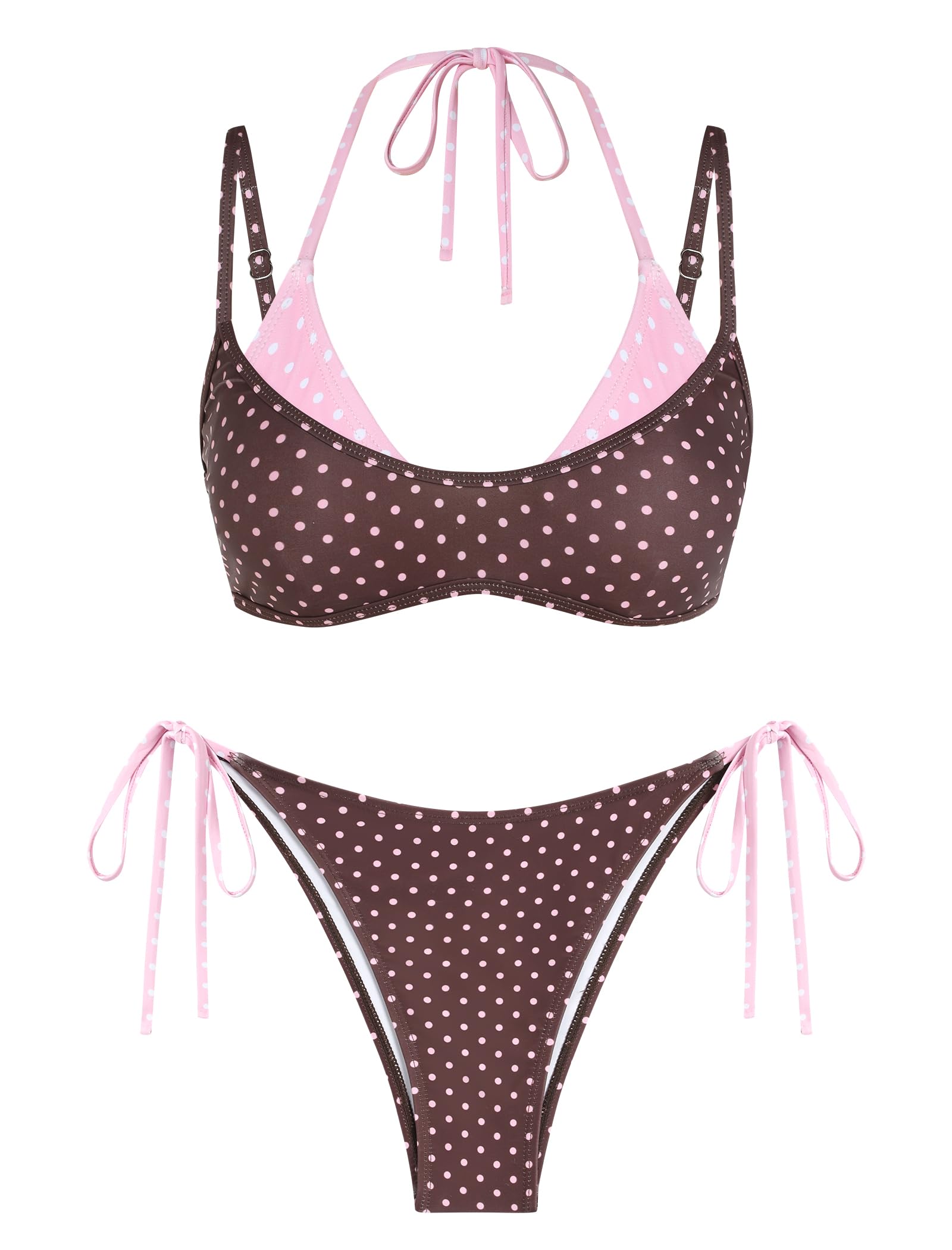 ZAFUL Women's Polka Dots Bikini Set Double Layer Halter 2 Piece Swimsuit