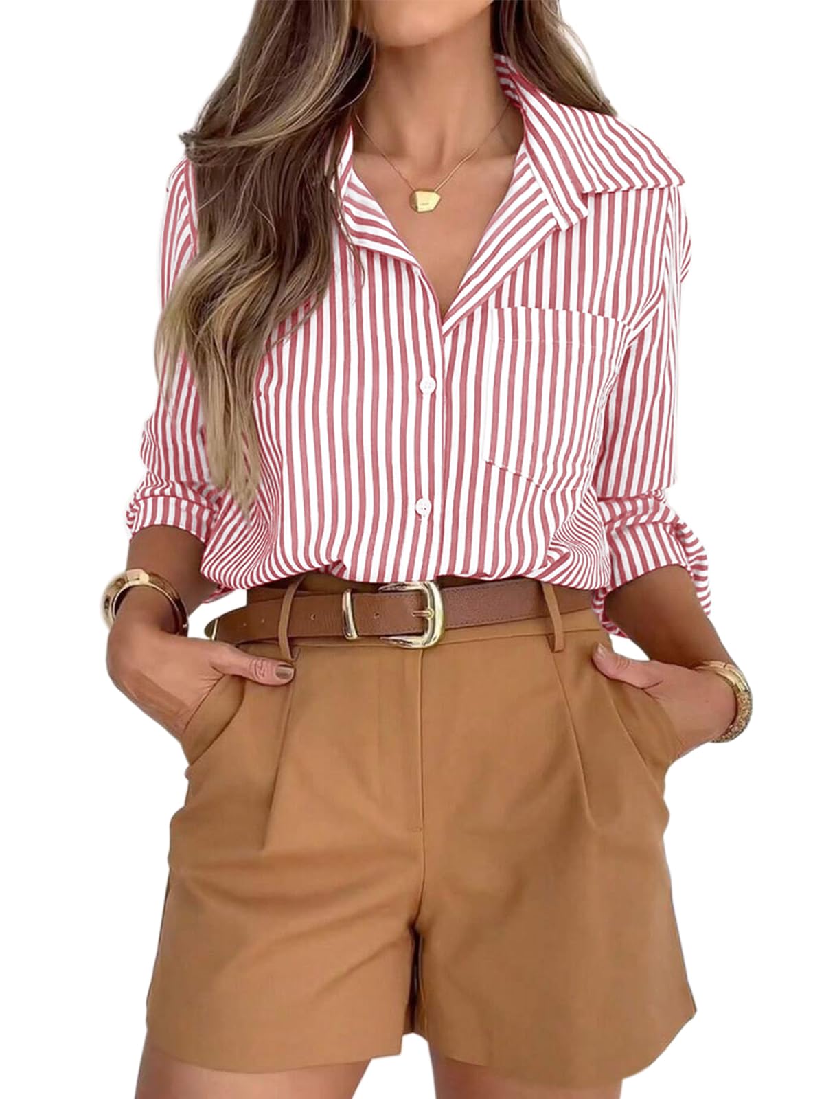 siliteelon Striped Button Down Shirts for Women Work Collared Dress Shirt