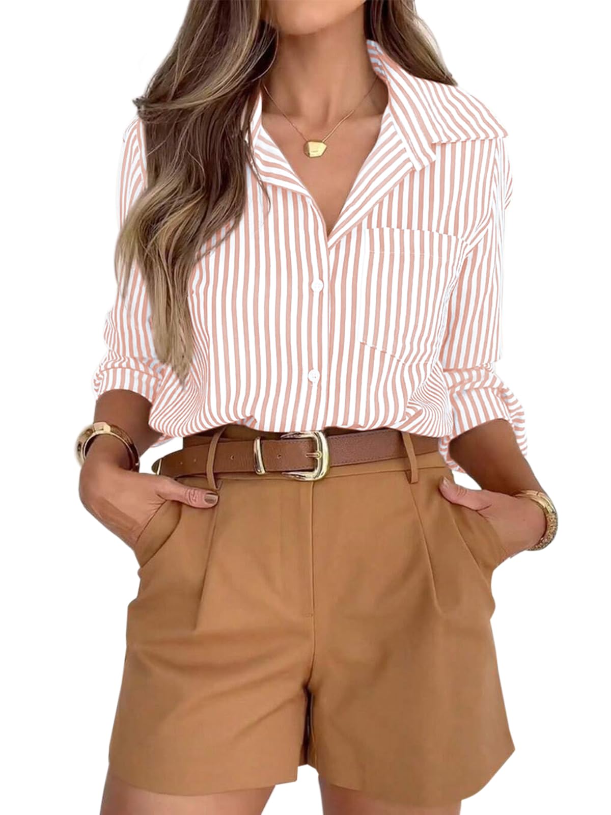 siliteelon Striped Button Down Shirts for Women Work Collared Dress Shirt