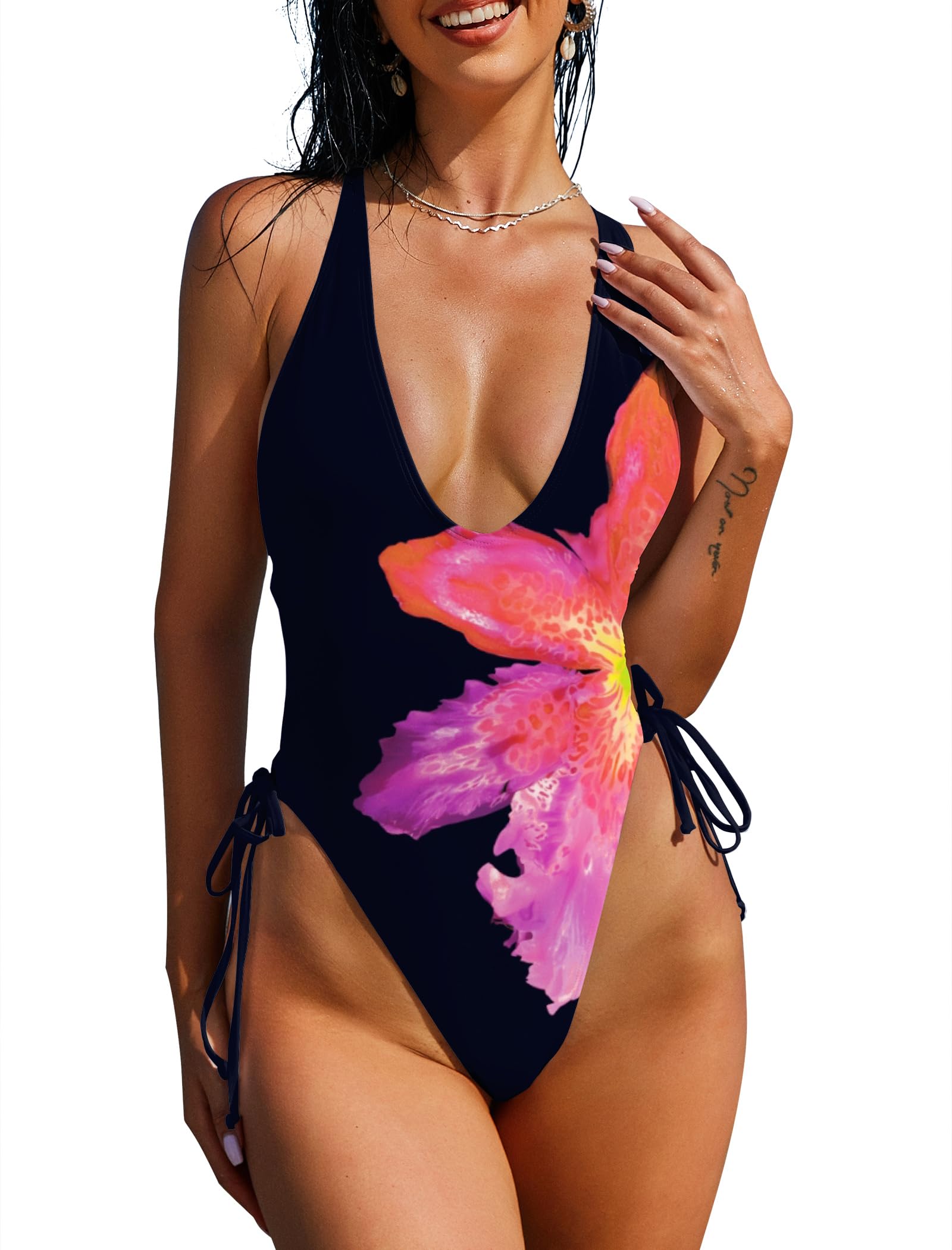 ZAFUL Women Plunging One Piece Swimsuit Backless Cross Tie High Cut Thong One-Piece Bathing Suit