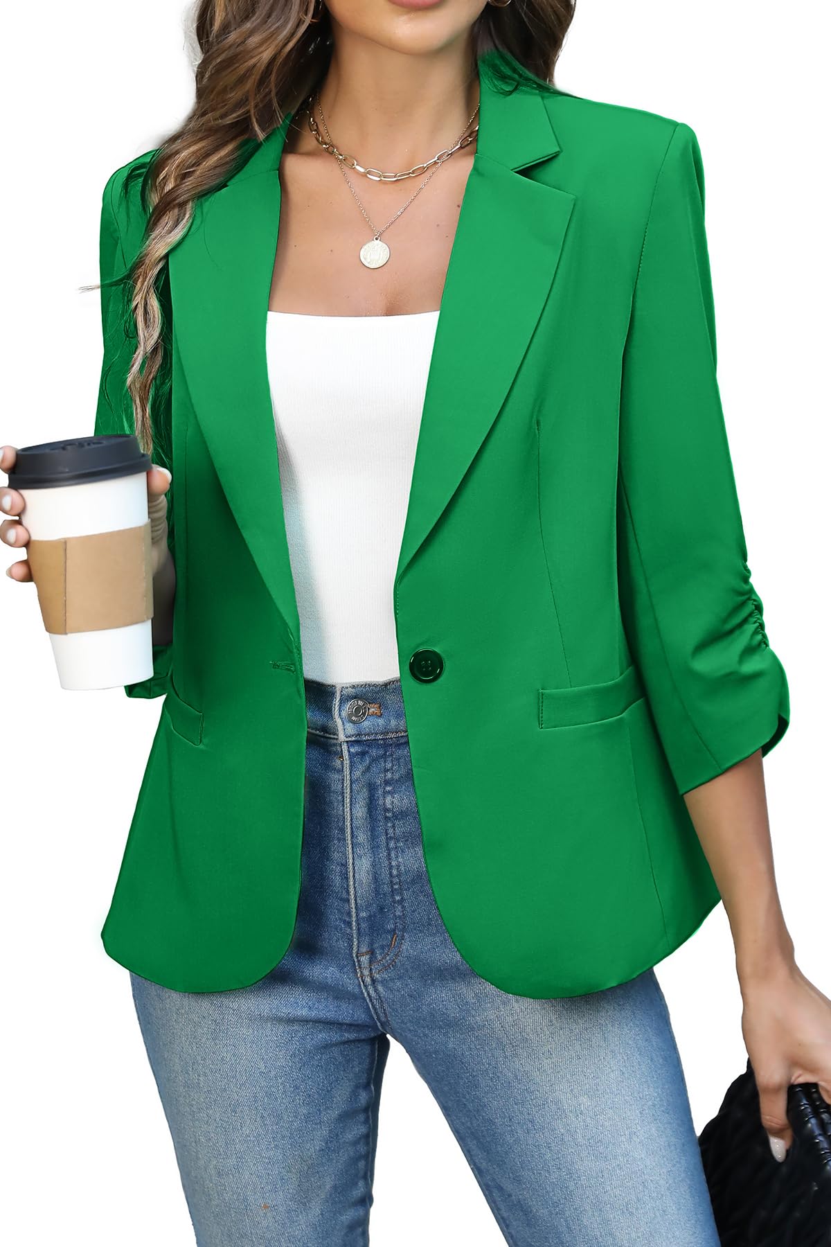ELLEVEN Women's Ruched 3/4 Sleeve Blazer, Lightweight Fitted Jacket