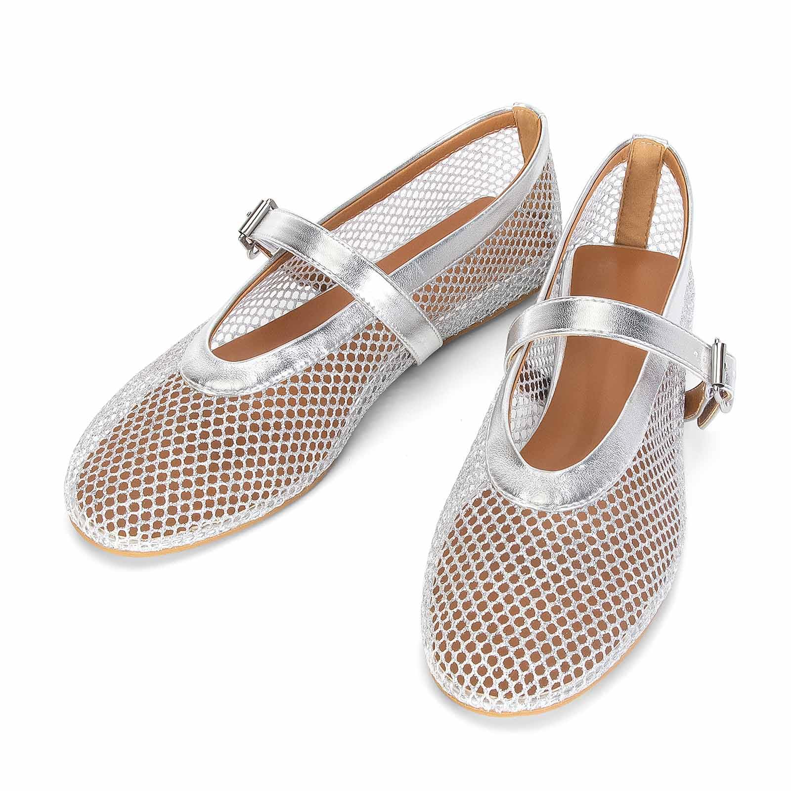 MICIFA Women's Mesh Ballet Flats Fishnet Ballerina Flats Buckle Strap Mary Jane Causal Daily Dress Shoes