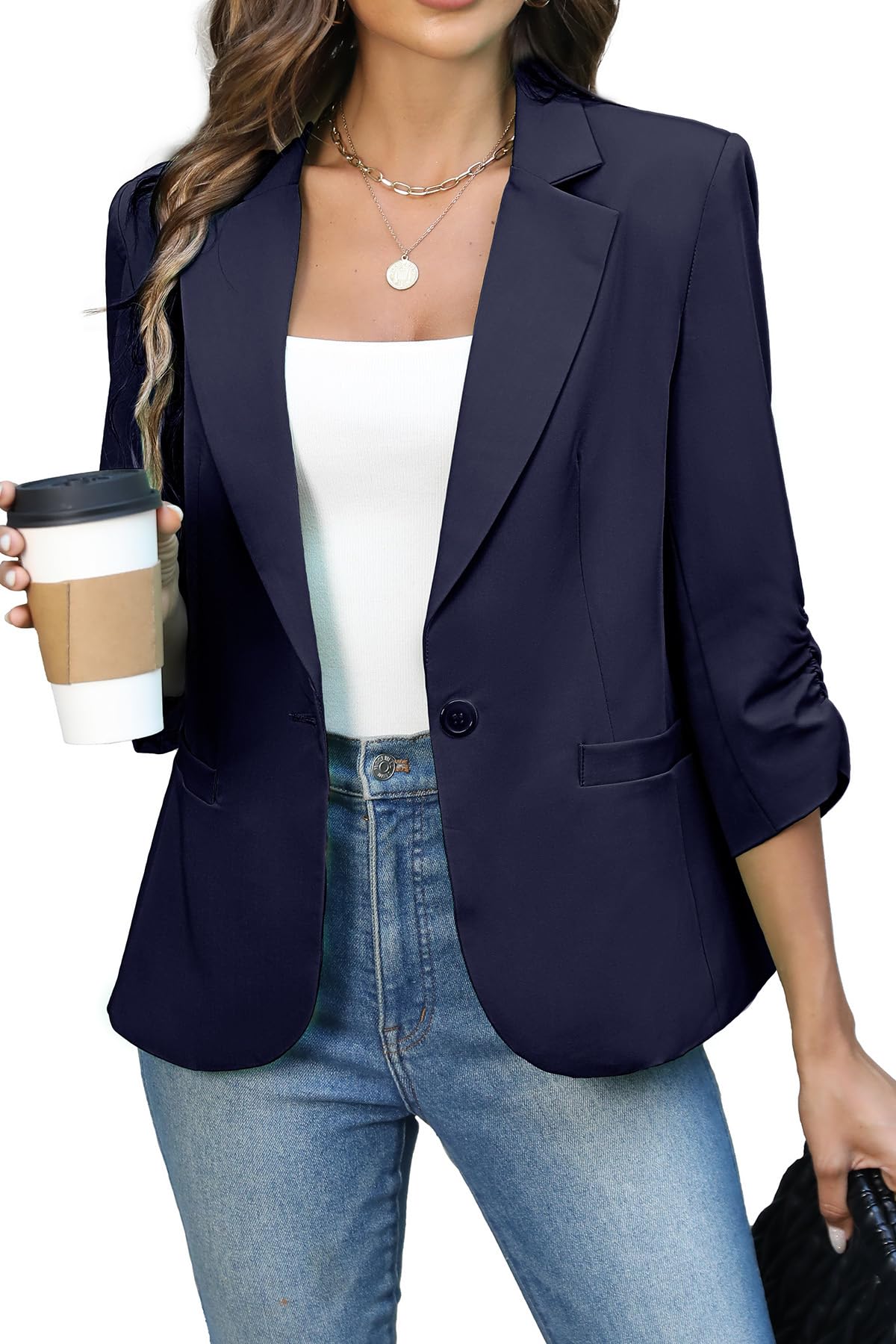 ELLEVEN Women's Ruched 3/4 Sleeve Blazer, Lightweight Fitted Jacket
