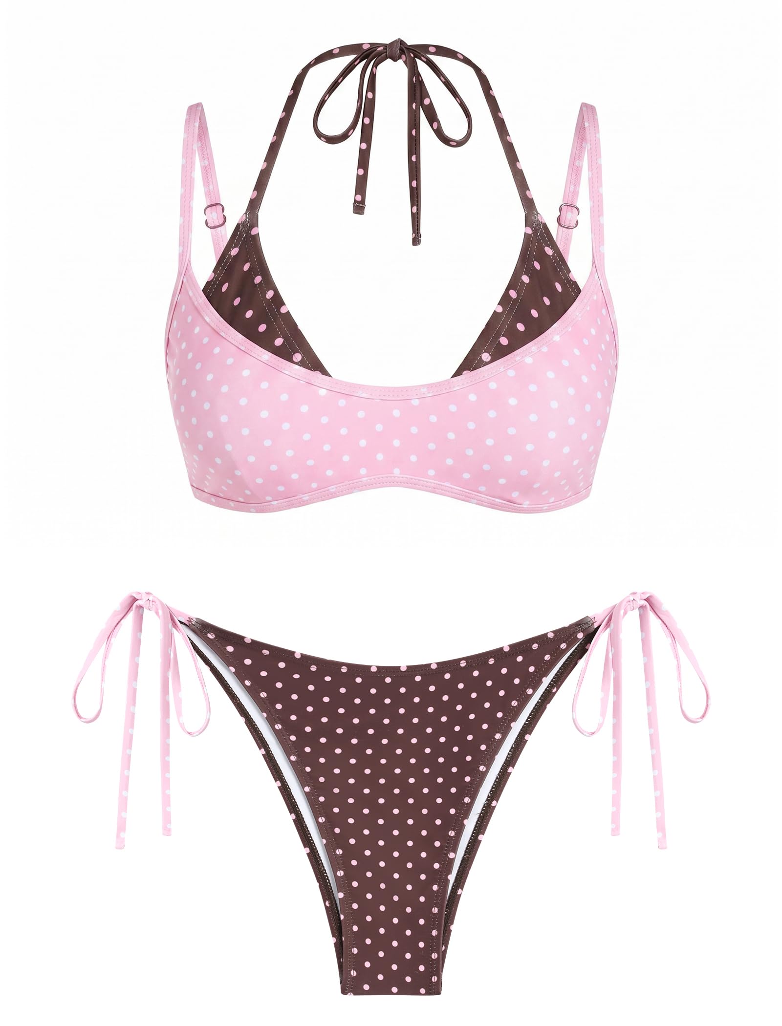 ZAFUL Women's Polka Dots Bikini Set Double Layer Halter 2 Piece Swimsuit
