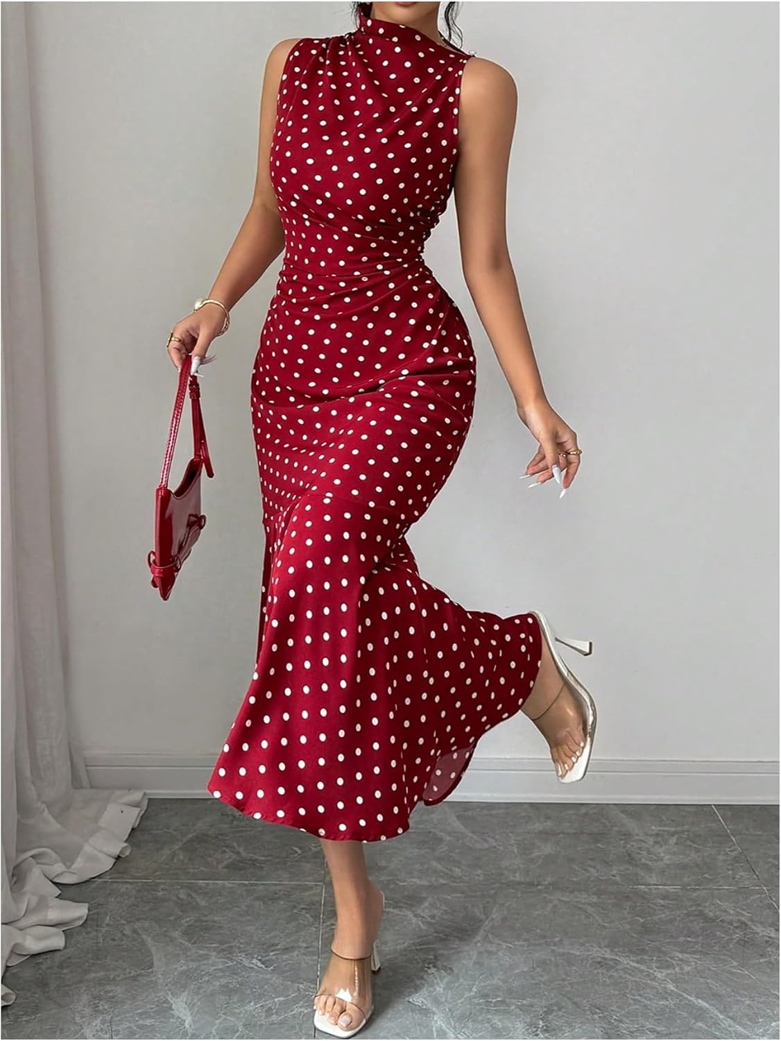 Floerns Women's Polka Dots Long Dress Sleeveless Fishtail Bodycon Wedding Guest Dresses
