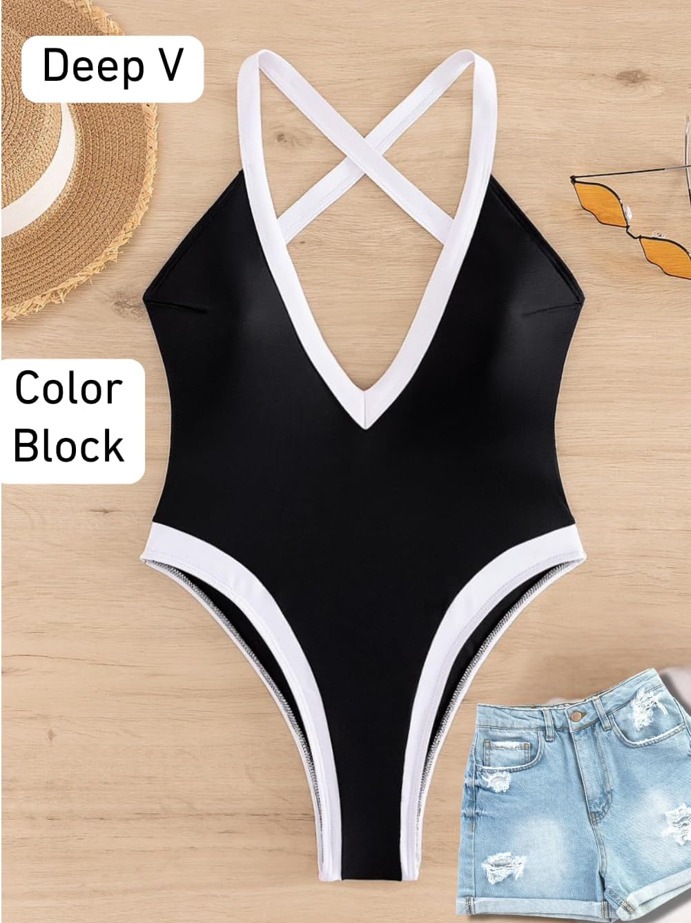 ChiaoLezhee Color Block Swimsuit, Plunge V Neck High Cut, Pool Party Vacation, Sexy Backless One Piece Bathing Suit Cheeky