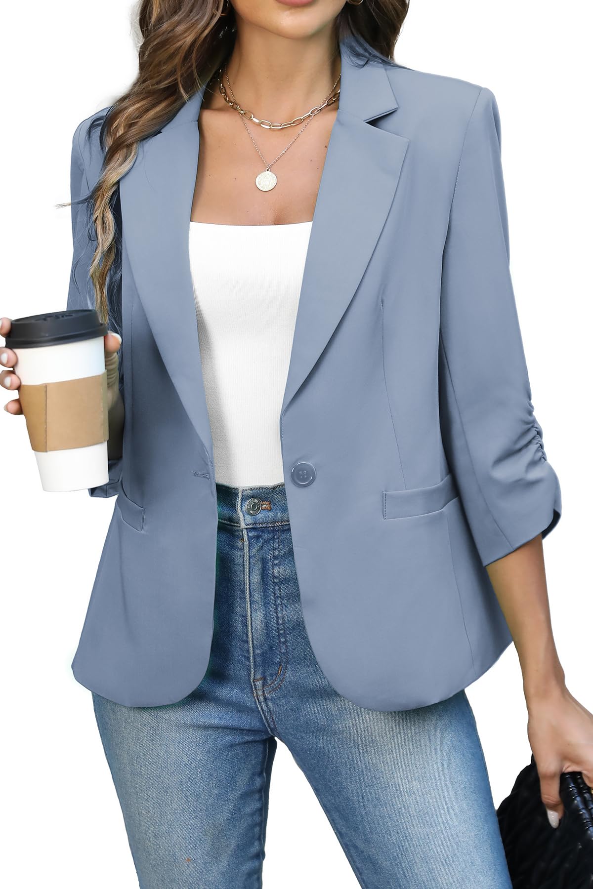 ELLEVEN Women's Ruched 3/4 Sleeve Blazer, Lightweight Fitted Jacket
