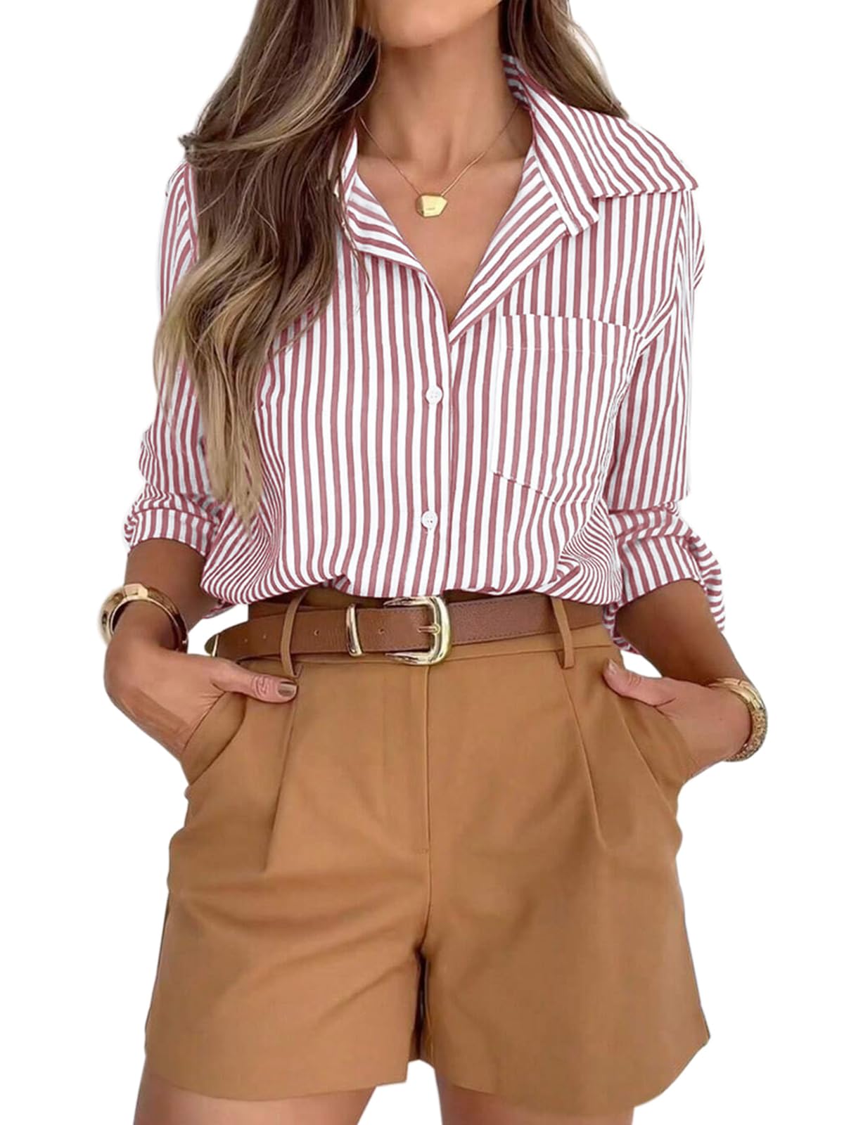 siliteelon Striped Button Down Shirts for Women Work Collared Dress Shirt
