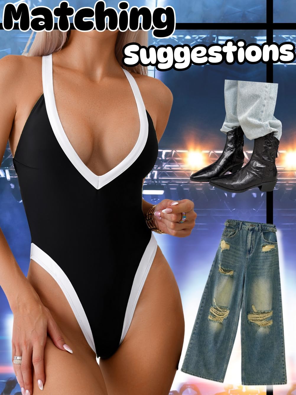 ChiaoLezhee Color Block Swimsuit, Plunge V Neck High Cut, Pool Party Vacation, Sexy Backless One Piece Bathing Suit Cheeky