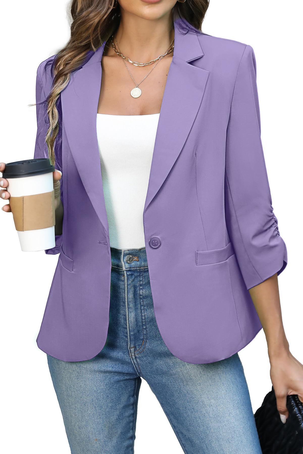 ELLEVEN Women's Ruched 3/4 Sleeve Blazer, Lightweight Fitted Jacket
