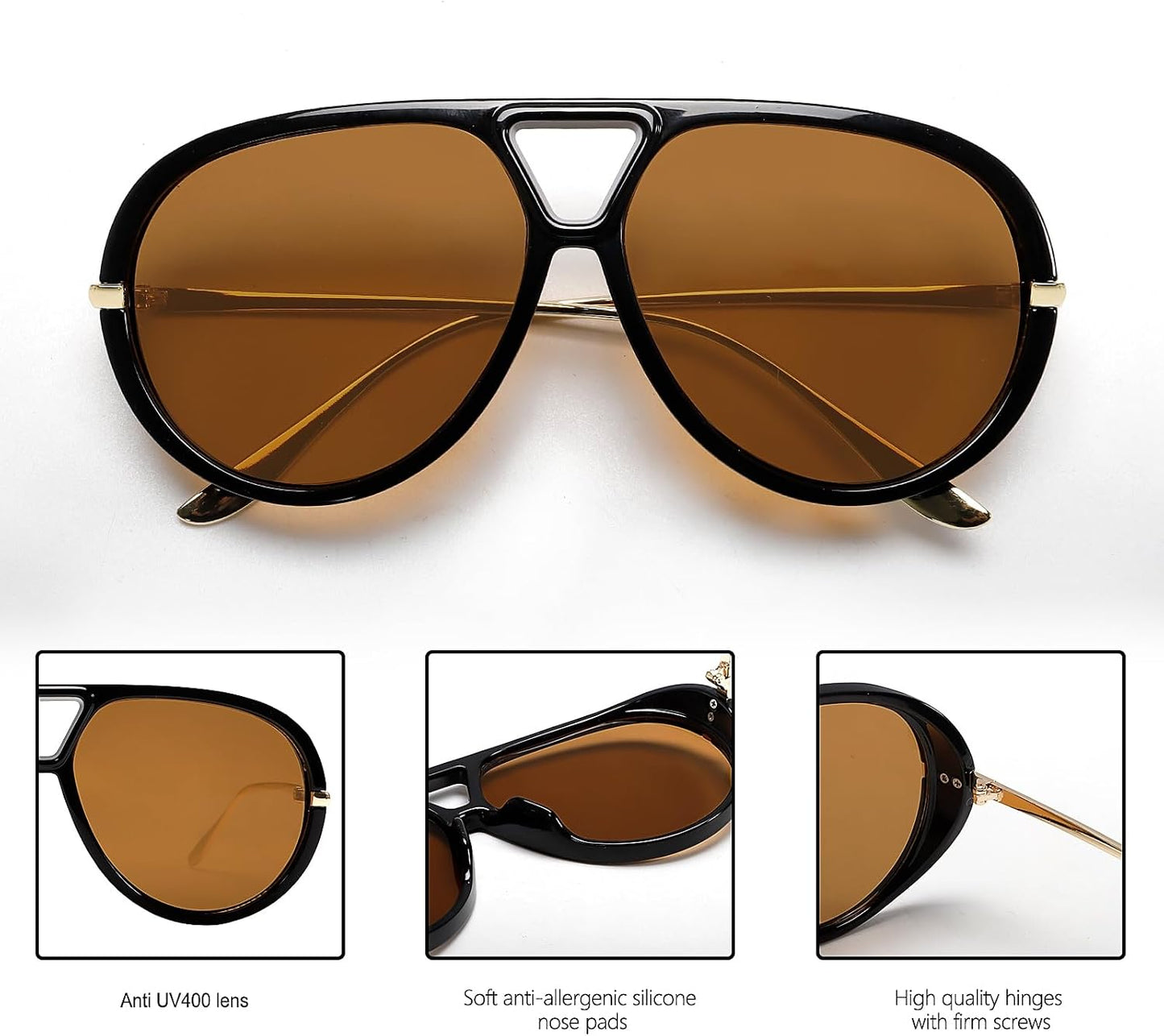 GUVIVI Retro Gold Aviator Sunglasses for Women Men Oversized 70s Glasses