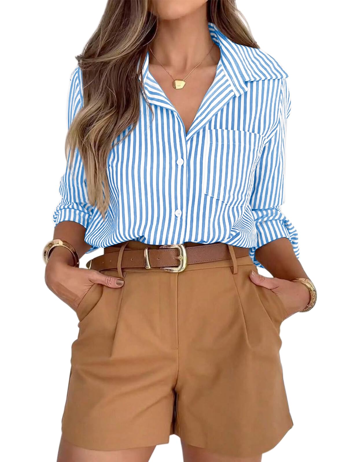 siliteelon Striped Button Down Shirts for Women Work Collared Dress Shirt