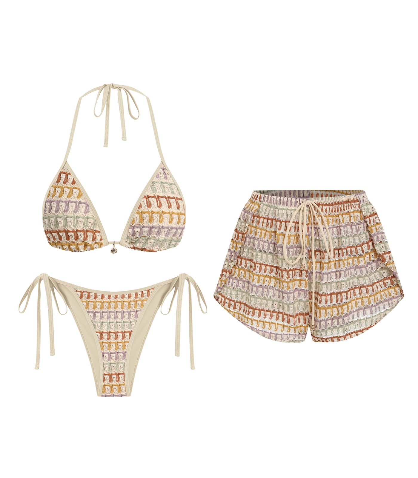 ZAFUL Womens Crochet Bikini Set with Cover Up Shorts Vacation Bathing Suits
