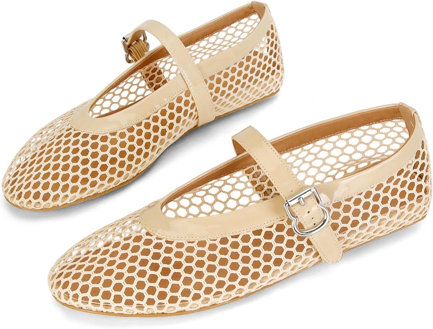 MICIFA Women's Mesh Ballet Flats Fishnet Ballerina Flats Buckle Strap Mary Jane Causal Daily Dress Shoes