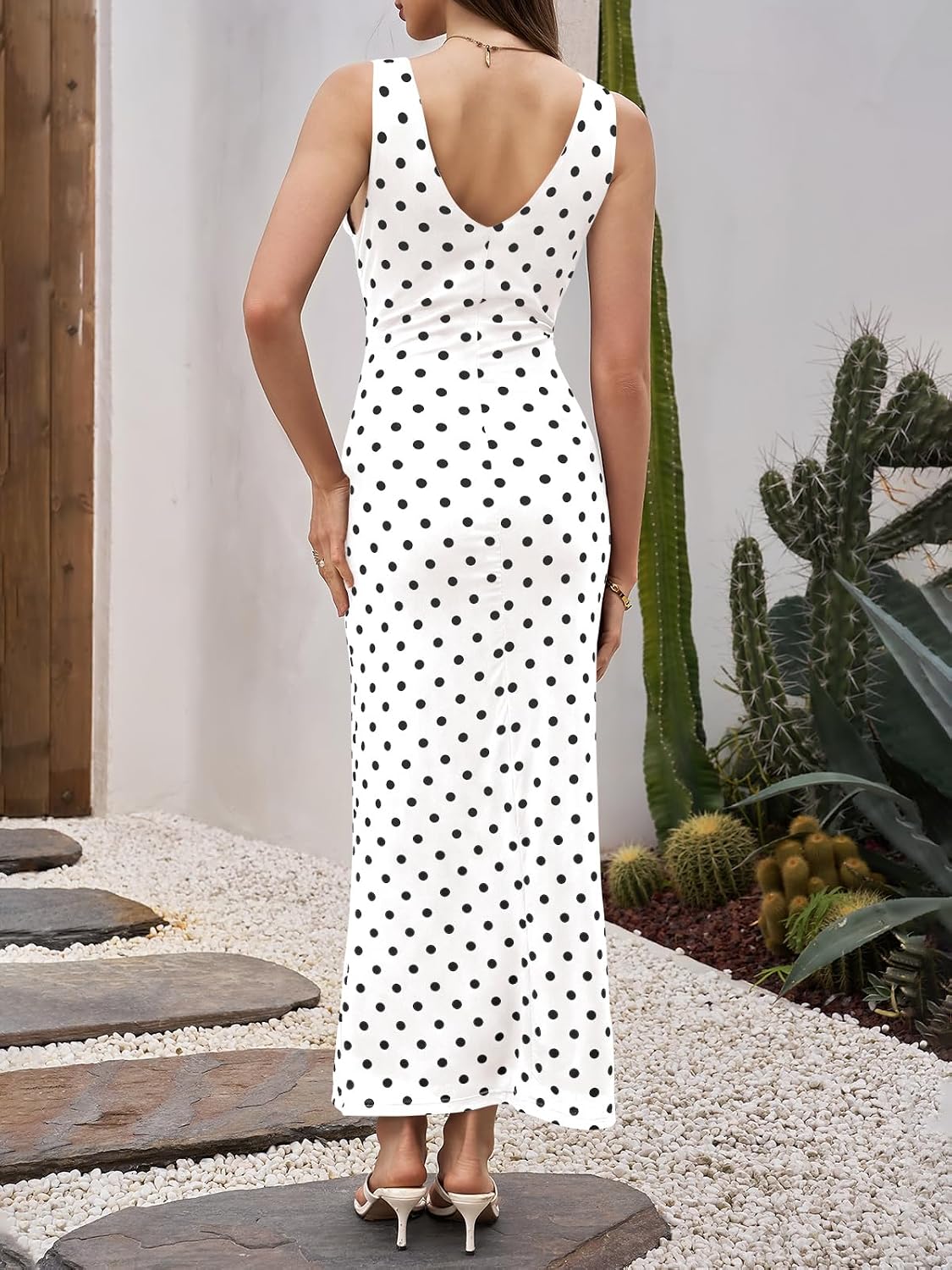 Wenrine Womens Summer Polka Dot Maxi Dress Mesh V Neck Wedding Guest Dress