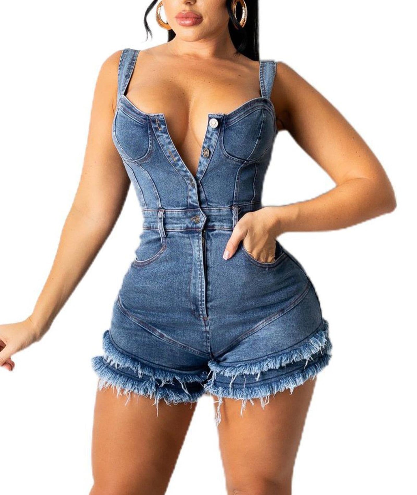 Sexyshine Women's Sexy Button Down Slim Fit Denim Long Jumpsuit Playsuit Lapel Full length Jeans Rompers Overalls