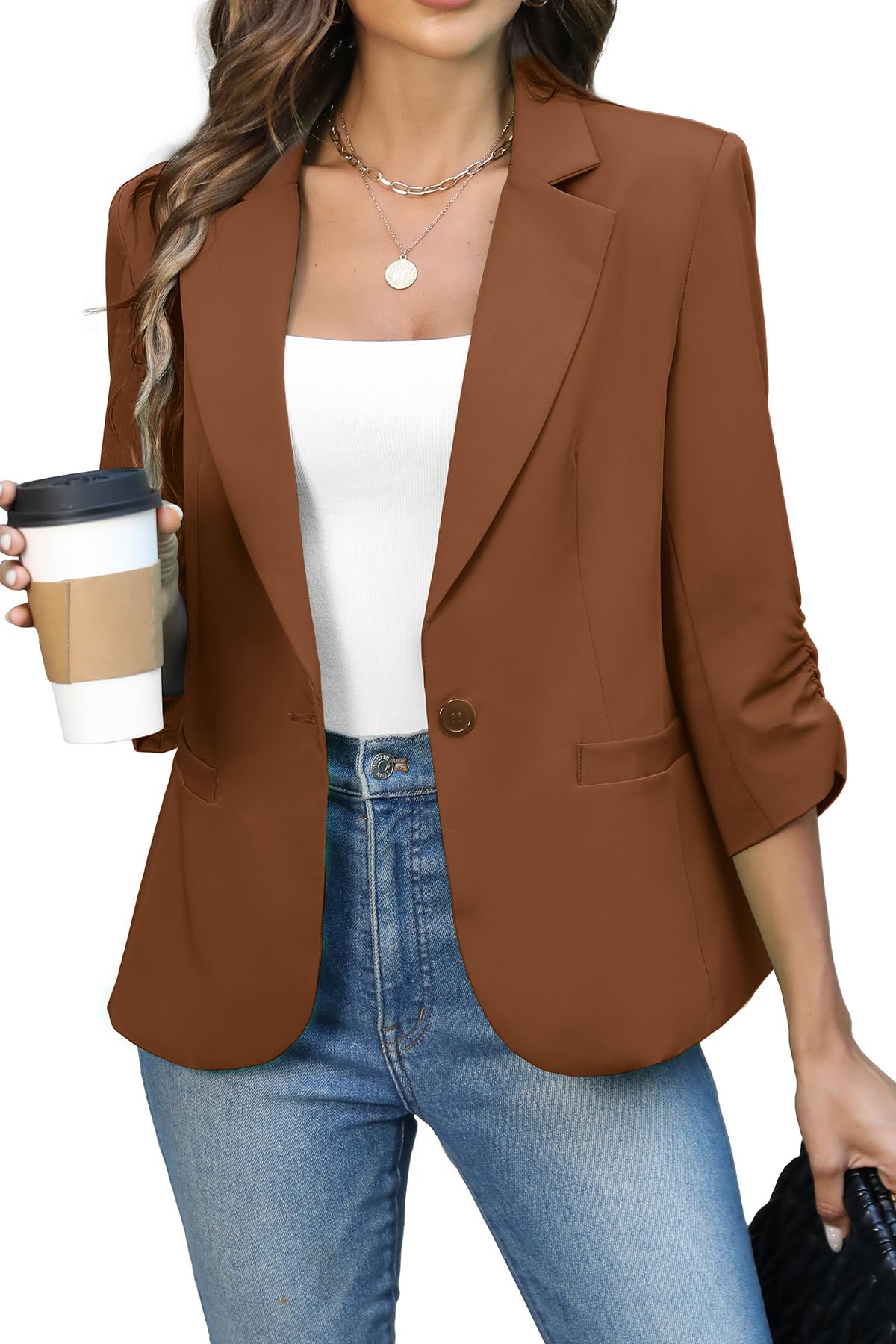 ELLEVEN Women's Ruched 3/4 Sleeve Blazer, Lightweight Fitted Jacket