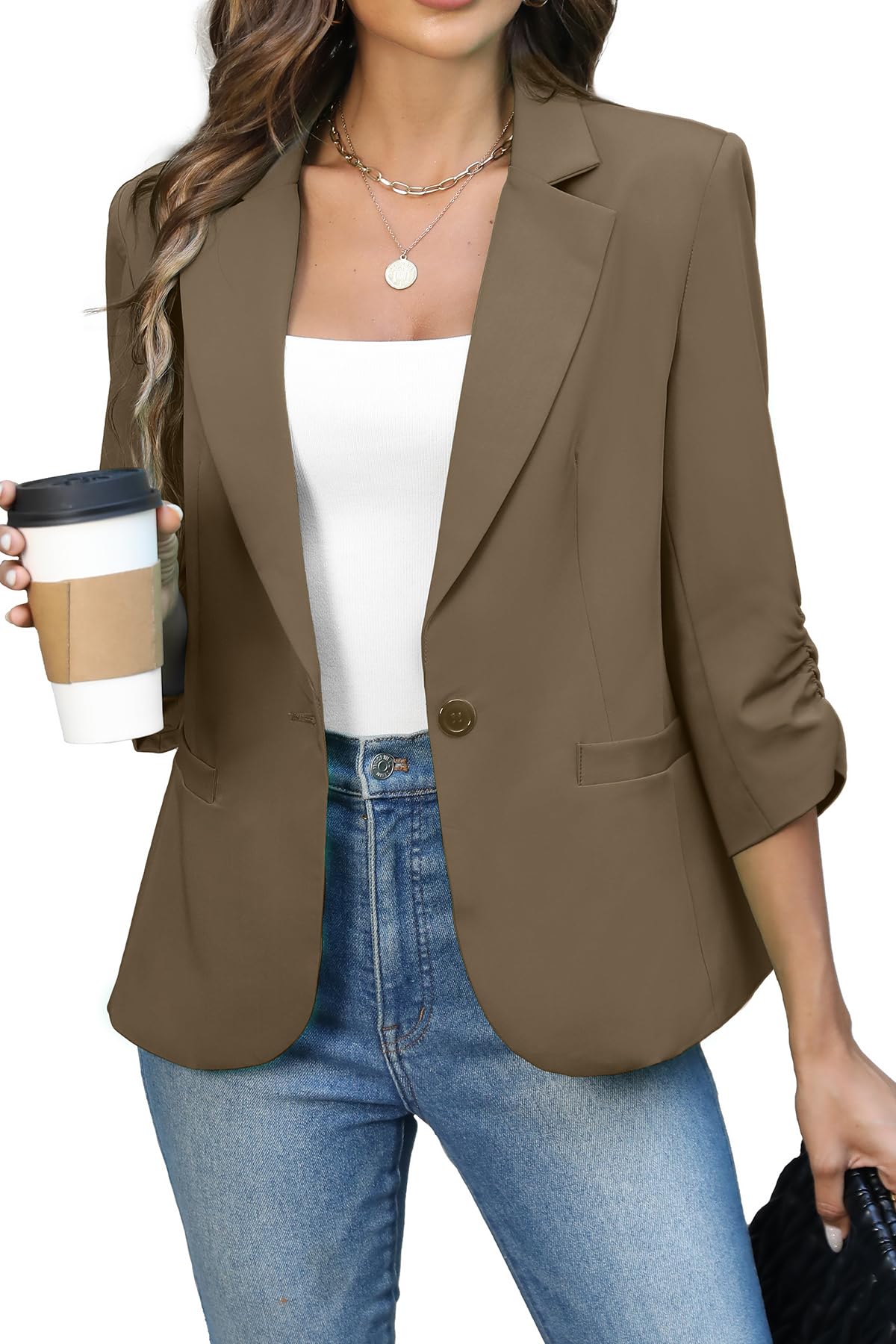ELLEVEN Women's Ruched 3/4 Sleeve Blazer, Lightweight Fitted Jacket