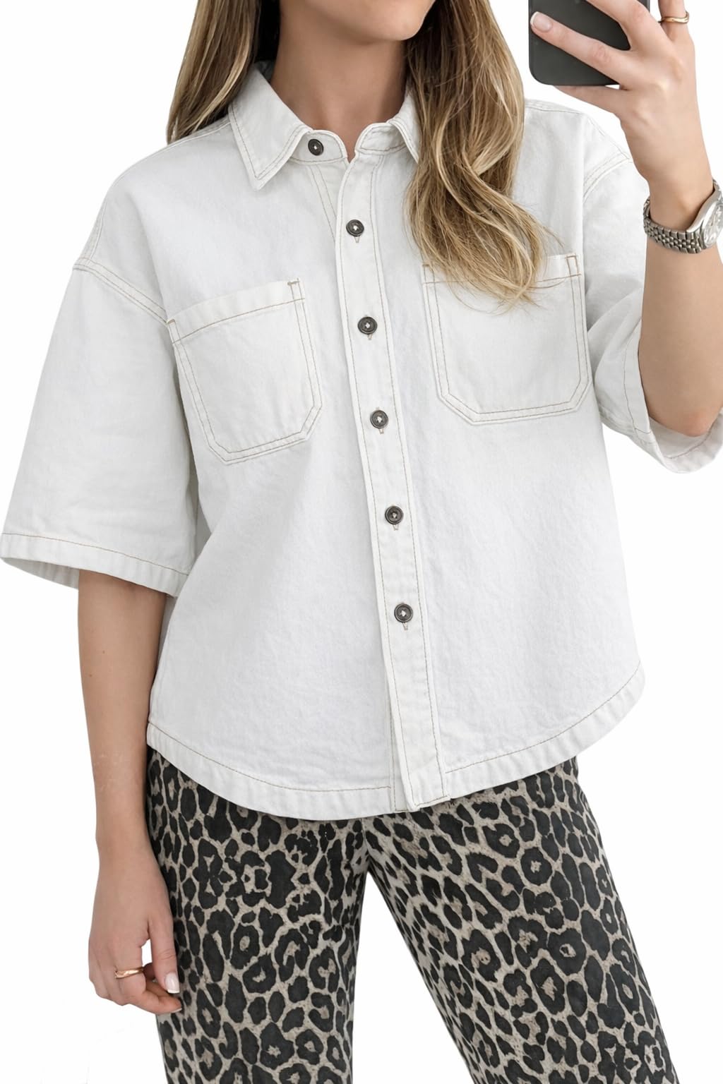 Kedera Women's Denim Shirt Casual Button Down Short Sleeve Jean Shirts Casual Top Outfits Trendy