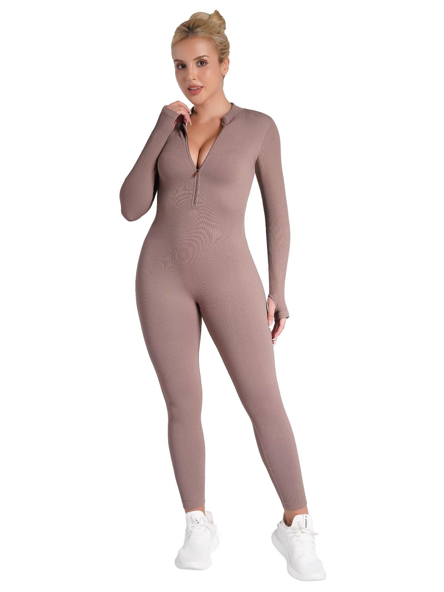 Sunzel Women's Ribbed Long Sleeve Zip Front Yoga Jumpsuit with Thumbholes