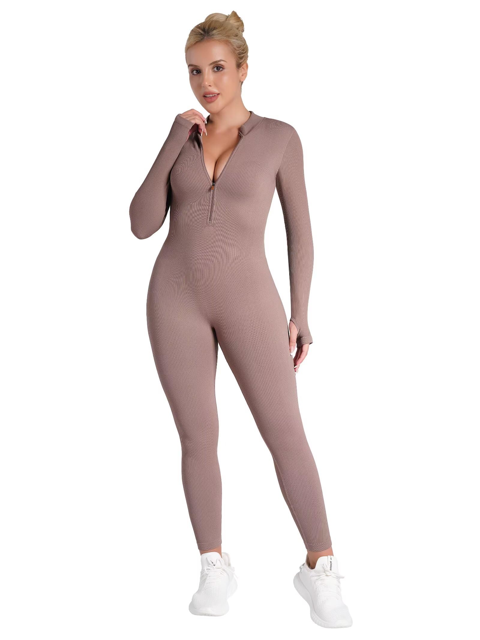 Sunzel Women's Ribbed Long Sleeve Zip Front Yoga Jumpsuit with Thumbholes