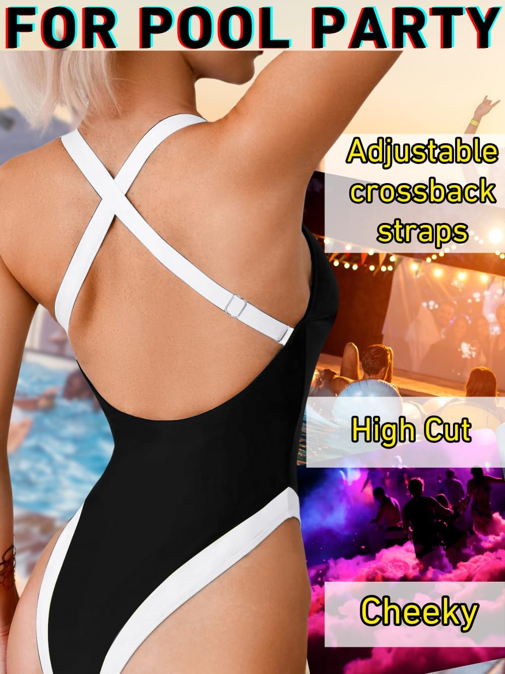 ChiaoLezhee Color Block Swimsuit, Plunge V Neck High Cut, Pool Party Vacation, Sexy Backless One Piece Bathing Suit Cheeky