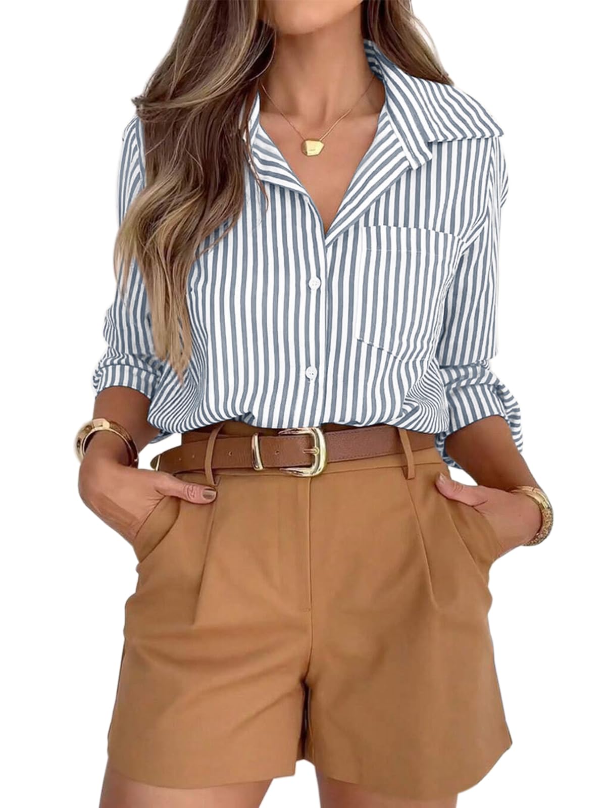 siliteelon Striped Button Down Shirts for Women Work Collared Dress Shirt