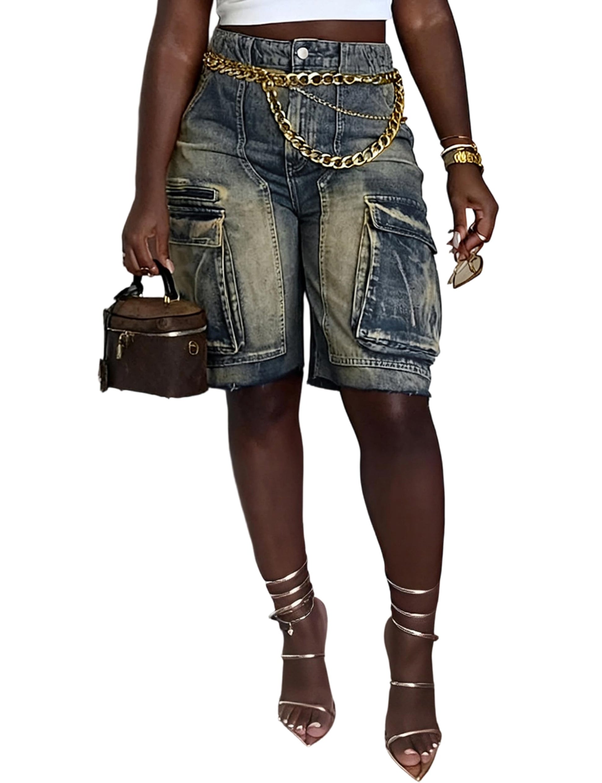 Denim Shorts Women High Waisted Summer Bermuda Stretchy Cargo Jean Casual Baggy Raw Hem Jorts with Pockets for Women