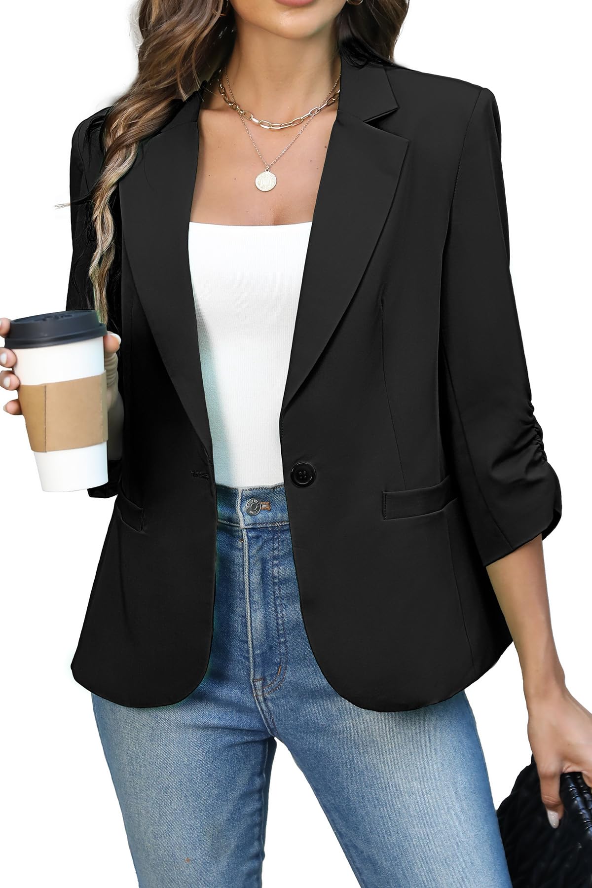 ELLEVEN Women's Ruched 3/4 Sleeve Blazer, Lightweight Fitted Jacket